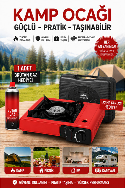 Realx Portatif Kamp Ocağı 2.3kW Taşınabilir Kamp Ocak Gaz Stop Emniyetli Taşı...