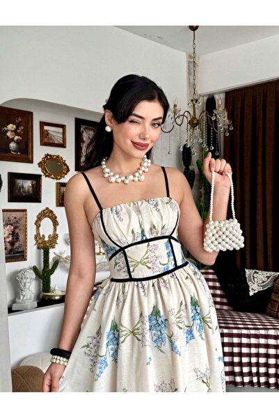 Dilek Vardar Rochie lungă plisată cu bretele, cu imprimeu floral, ecru, pentr...