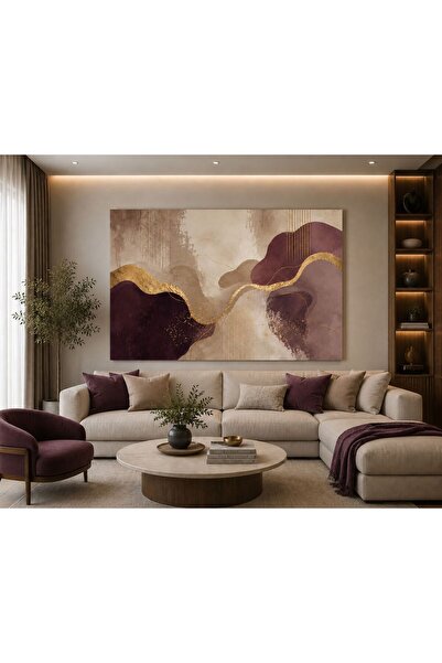 walliva Modern Soyut Mürdüm Kanvas Tablo Gold Detaylı Bej Krem Tonlu Elegant ...