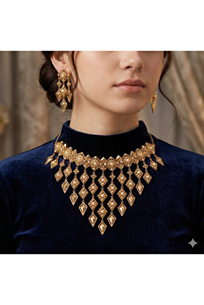 Generic Gold Tone Geometric Pearl Choker Necklace Set with Matching Drop Earr...