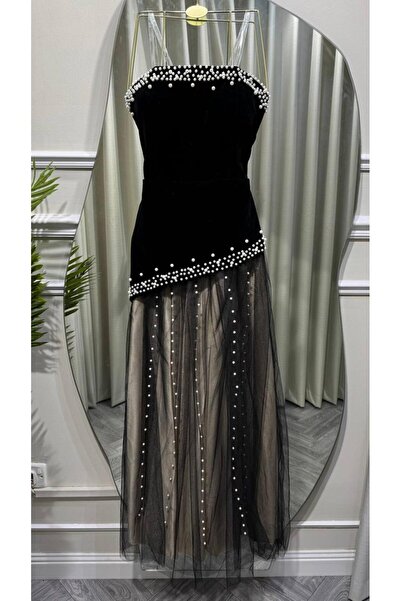 led style White Pearls Embellished Evening Dress