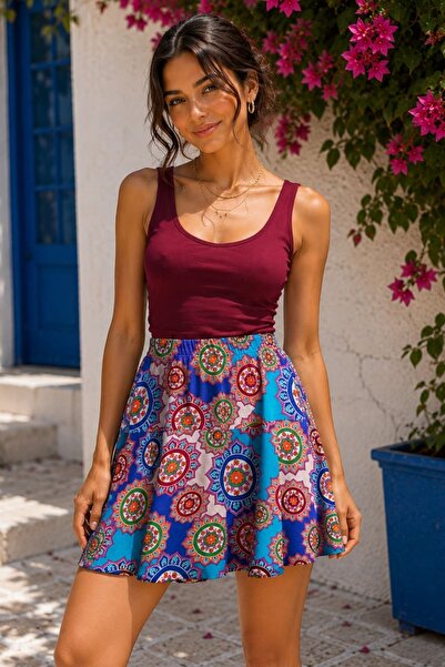 yb yağmur butik Mixed Patterned Viscon Short Skirt