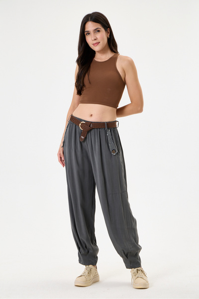 della moor Women's Anthracite Italian Carrot Fit Elastic Waist Belted Casual ...