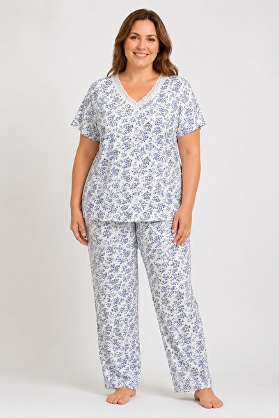 CottonVia Mother's Pajama Set, V-Neck, Lace, Printed, Short Sleeve, 100% Cott...