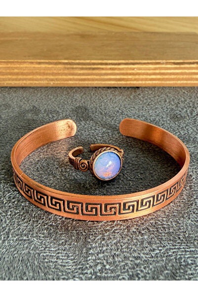Rupen Kraft Handcrafted copper bracelet and natural stone ring set, adjustabl...