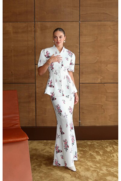 Julidress Fularli Floral Patterned Padded Jacket and Maxi Skirt Premium 3-Pie...