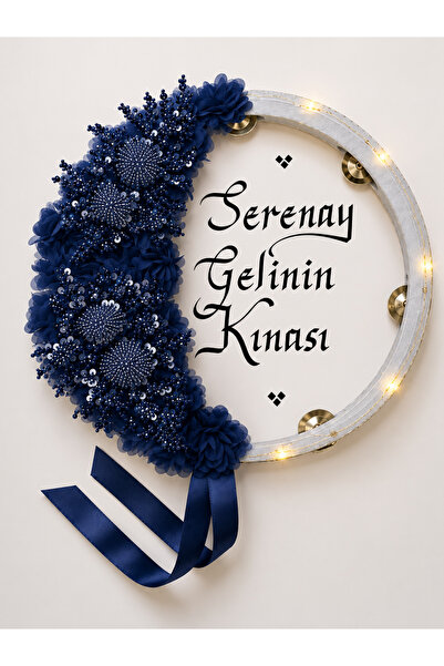 ELYNA Lacivert Ledli Gelin Defi, Boncuklu Çiçekli 32cm, Kına Düğün Sünnet Düğ...