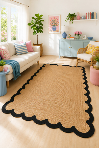 PINKIE HOME Dijital Baskı OVERLOKSUZ Hasır GÖRÜNÜMLÜ ASİMETRİK Kaymaz Yıkanab...
