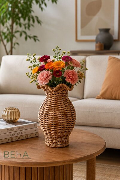 BehaHome Dekoratif El Yapımı Hasır Görünümlü Rattan Vazo 23 cm – Bohem Salon,...
