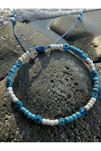 Amabel Jewelerys Adjustable Drawstring Anklet with Blue Glass Evil Eye Beads ...