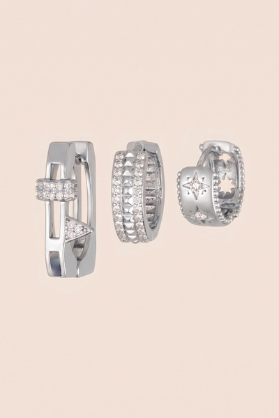 Hetra Silver Color Double Row Zircon Stone Star Embossed 3-Piece Hoop Earring...