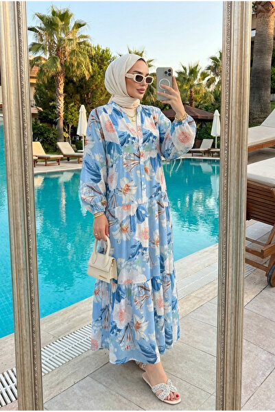 Kirazca Butik Women's Floral Patterned Layered Hijab Dress (Unlined)