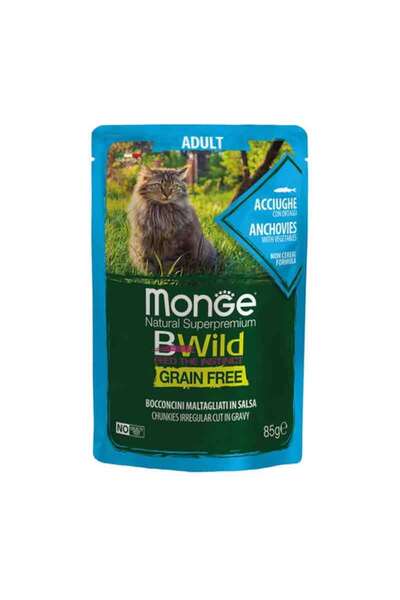 Monge Bwild Grain Free Υγρή Τροφή για Γάτες με Αντζούγιες & Λαχανικα 85gr