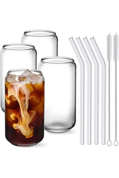 NETANY Drinking Glasses with Glass Straw 4pcs Set - 16oz Can Shaped Glass Cup...