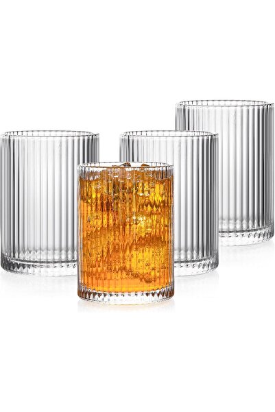 Generic Ribbed Glasses Set of 4 Drinking Glasses 300ml Vintage Origami Style ...
