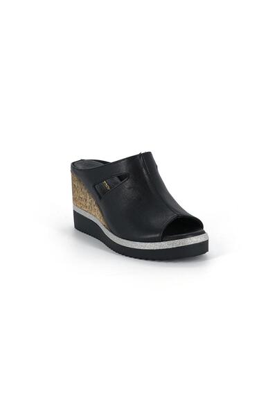 Mammamia D26Yt-1835 Black Genuine Leather Full Orthopedic Women's Slippers