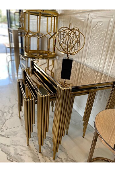 Buket Dekor 3 lü Kare Piyano Zigon Sehpa Piyano Desenli Gold ve Gümüş Renklerde