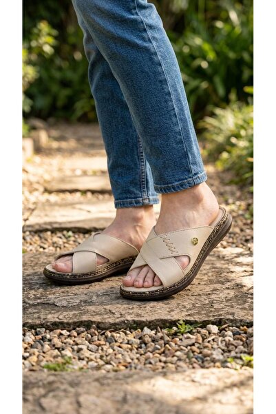 Mammamia D26Yt-1635 Cream Genuine Leather Full Orthopedic Women's Slippers