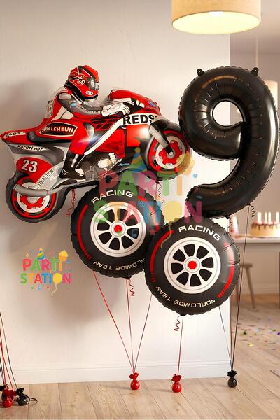 Parti Station Motorcycle Themed 1 Year Old Foil Balloon Set 4 Piece Motorcycl...