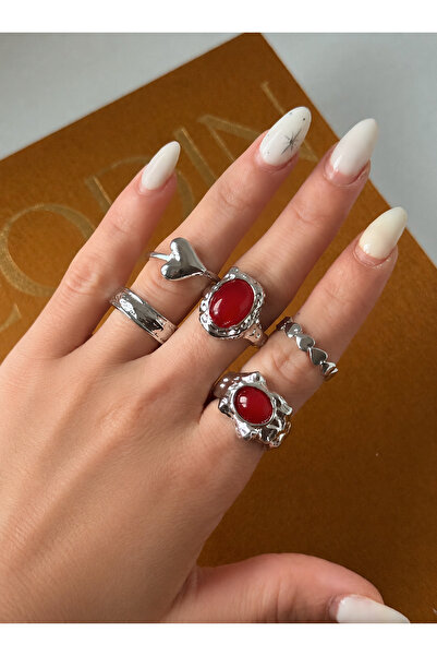 HAKİ STORE Gümüş Kaplama Vintage Kırmızı Taşlı 5'li Kadın Yüzük Seti
