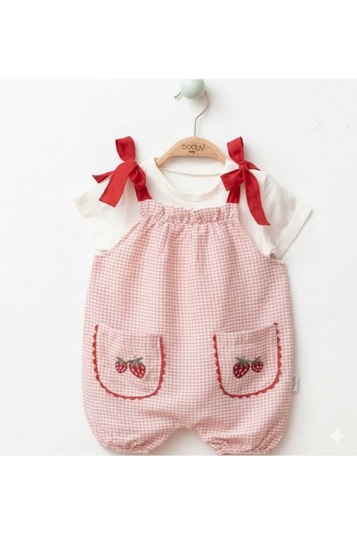 Moonic Kids جمبسوت بناتي مطرز بالفراولة مع جيوب