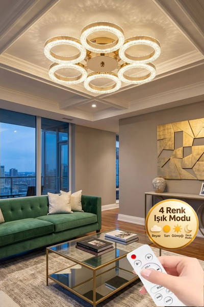 Lüxev Lighting Aura Model Gold Kumandalı 6"lı Ledli 3 Renk Modu Kristal Salon...