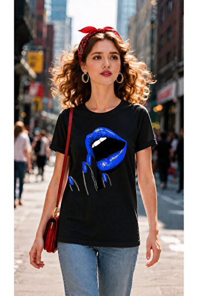 VODEXA Women's Oversize T-Shirt Blue Lip Printed 100% Cotton T-Shirt Comforta...