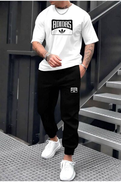 ONLY QUALİTY Unisex Beyaz Baskılı Tshirt Siyah Yazlık Eşofman Takım
