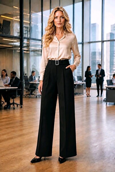 hies Pantaloni + curea, pantaloni din material textil cu talie înaltă, fără e...