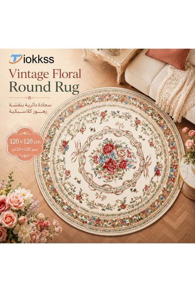 Tiokkss 120cm Vintage Floral Round Area Rug, Cream Botanical Flower Accent Ca...