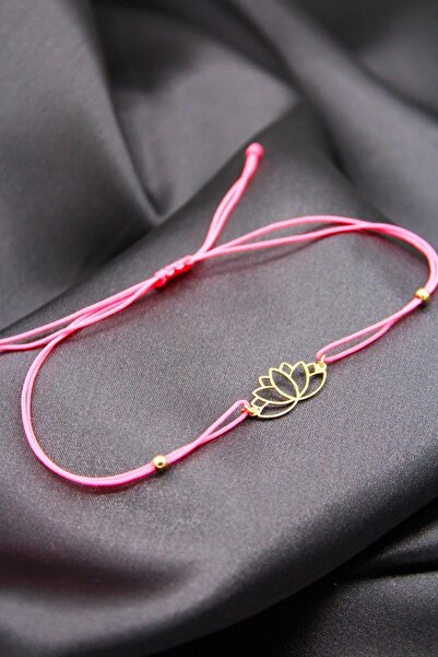 OGO SİLVER 925 Ayar Gümüş Gold Pembe İpli Lotus Makrome Bileklik