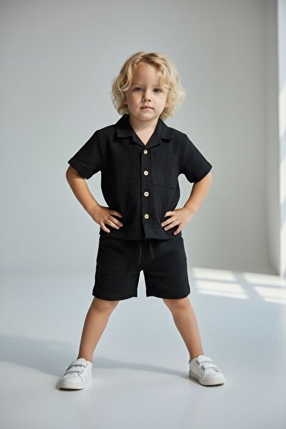 BOBBY JR KİDSWEAR Organic Children's Linen Suit Shorts and Short Sleeved Shirt Set