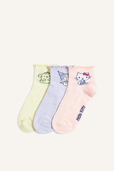 DeFacto Лицензирани памучни чорапи с къдрички от 3 чифта Hello Kitty за момич...