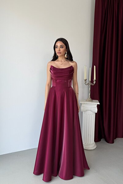 Serica Moda Plum Stone Embroidered Strapless Satin Evening Dress
