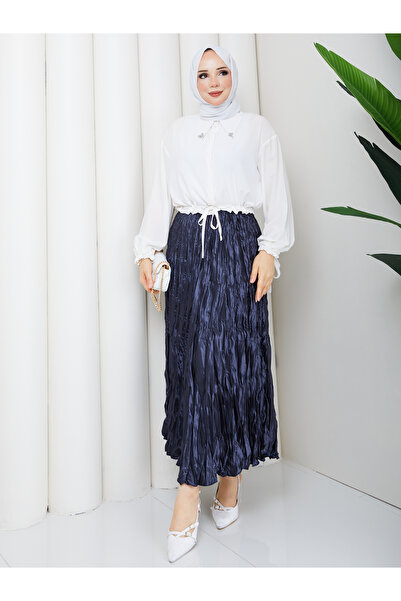 Wual giyim Women's New Season Long Wrinkled Look Satin Skirt with Elastic Waist