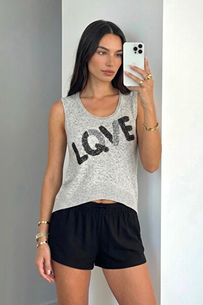 lamea Sequined Love Written Embroidered Sleeveless Knitwear Undershirt Gray M...