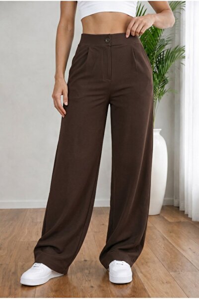BİKELİFE Women's Brown High Waist Loose Fit Lycra Wide Leg Palazzo Trousers