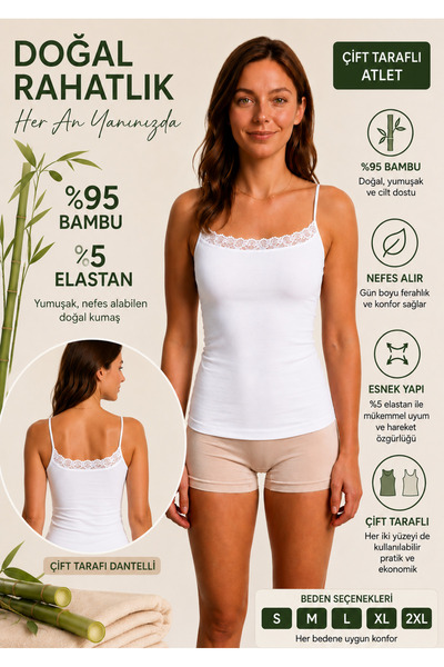westicgiyim Women's Double-Sided Lace Rope Strap Undershirt 95% Bamboo 5% Elastane Soft Flexible Undergarment S-2Xl