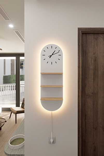 Mirobi Arco LED Aydınlatmalı Duvar Saati 3 Raflı Dekoratif Duvar Saati Beyaz Çam