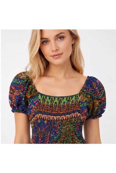 KatarinaShop Women's Ethnic Patterned Gipeli Blouse Balloon Sleeve Bohemian Summer Stylish Blouse