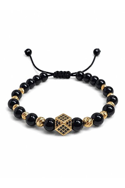 Aur 585 Brățară unisex reglabilă cu onix negru și aur galben 14k, 2,80 g
