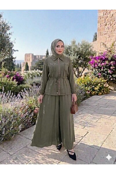 QUAWEAR Shirt Collar with Stone Detail, Top Pocket, Zippered Jacket and Elast...