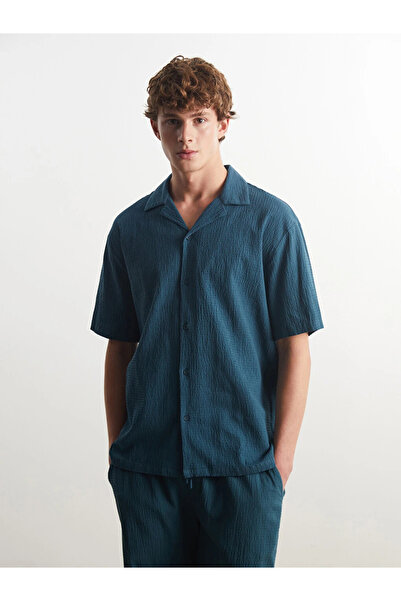 LC Waikiki Petrol Comfortable Fit Short Sleeve Men's Textured Shirt