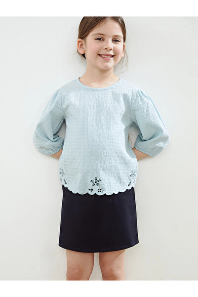 LC Waikiki Blue Crew Neck Embroidered Girls' Blouse