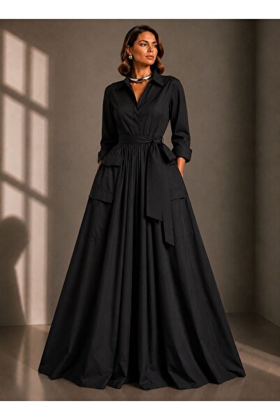ALYEL NAKER Utility Pocket Detailed & Belted Maxi Length Black Poplin Shirt D...