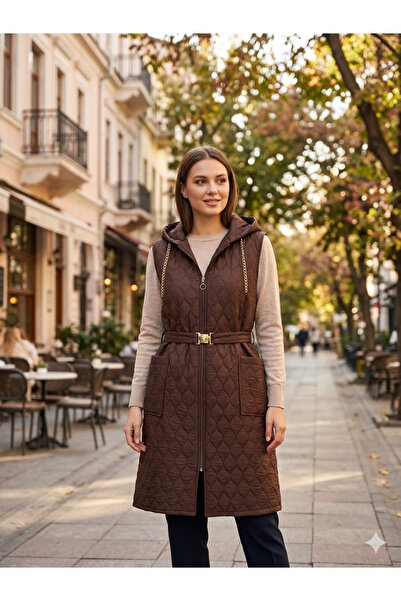 Organic Time Kadın Kahverengi Kapüşonlu Baklava Desenli Uzun Kapitone Yelek (...