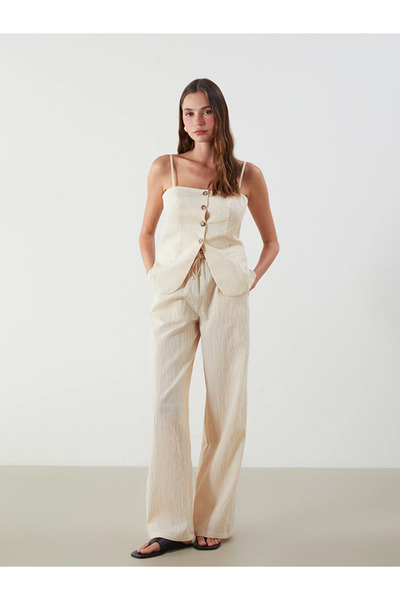 LC Waikiki Brown Elastic Waist Striped Wide Leg Women's Trousers