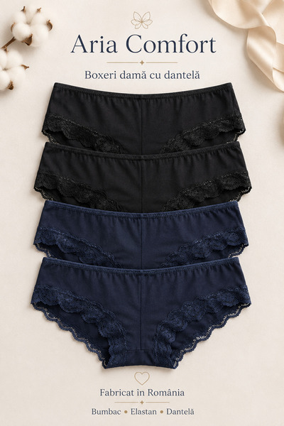 Aria Comfort Set 4 Boxeri Damă cu Dantelă – Bumbac, (Negru & Bleumarin), Fabr...