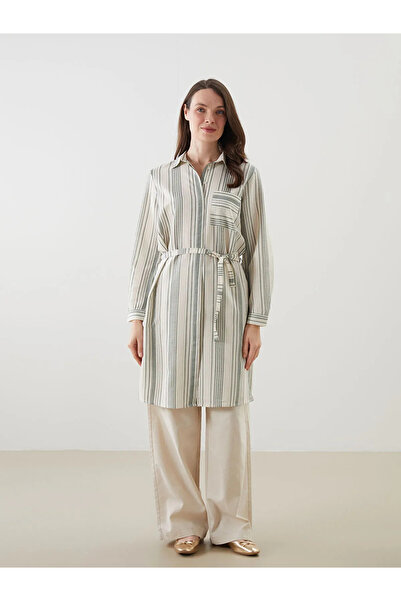 LC Waikiki Khaki Striped Linen Blend Women's Shirt Tunic