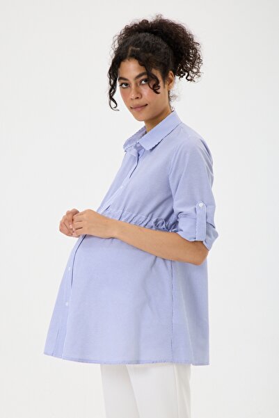 KATLİN MATERNİTY WEAR Maternity Striped Pattern Cotton Poplin Fabric Shirt wi...